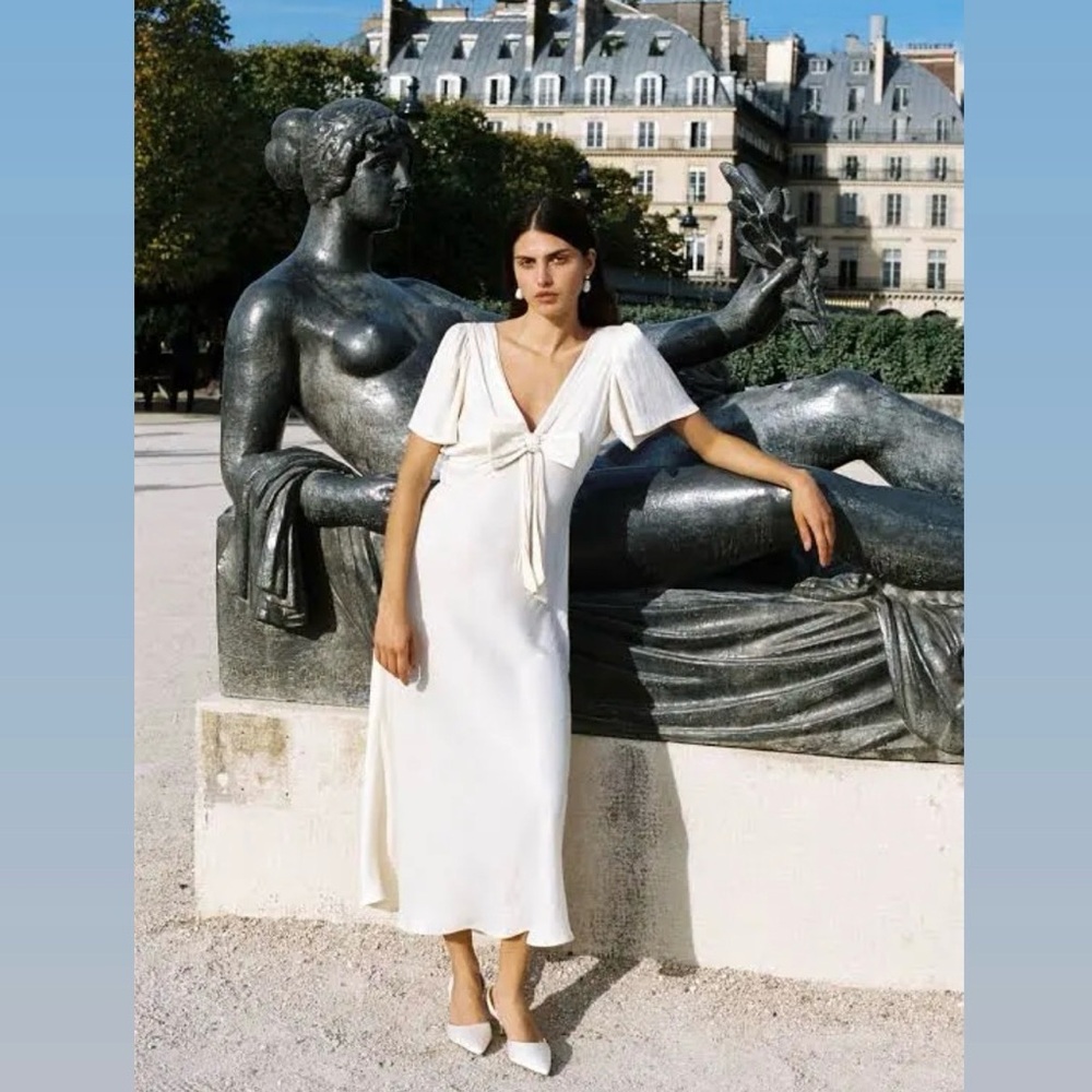 Ciao Lucia Brunello Dress - midi white satin dress with bow detail